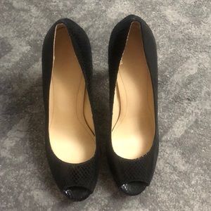 Black leather high heel peep toe shoes